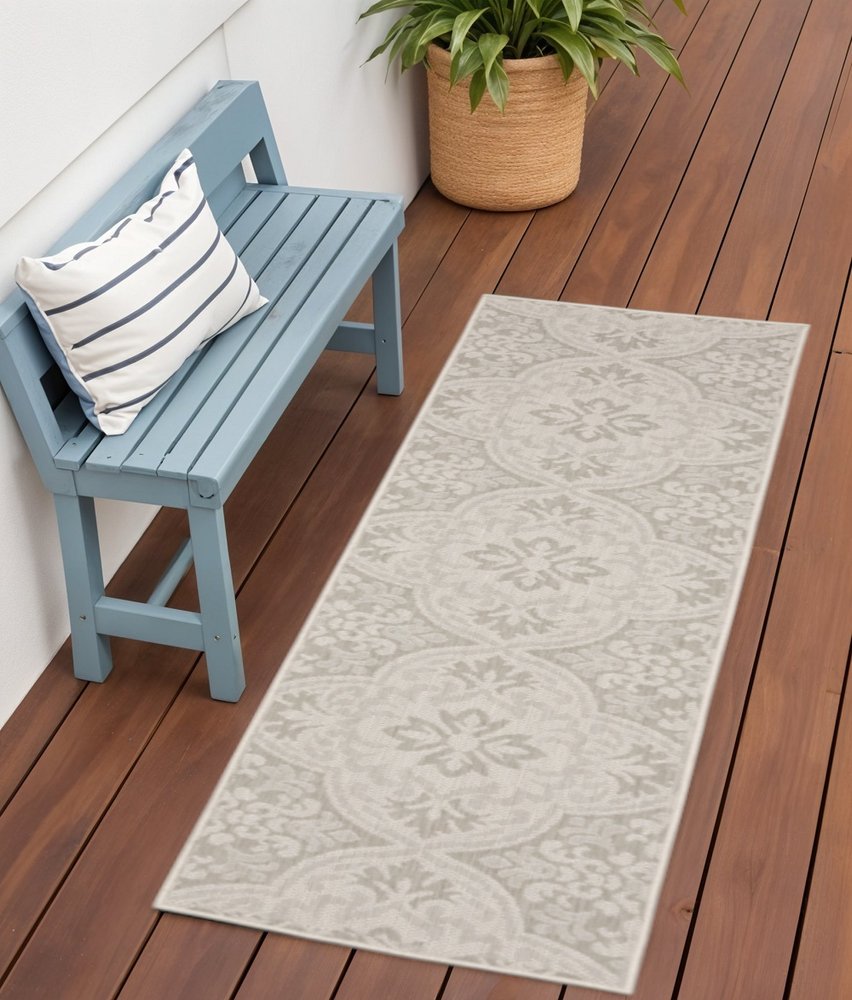 2' X 7' Gray and Ivory Floral Stain Resistant Indoor Outdoor Area Rug