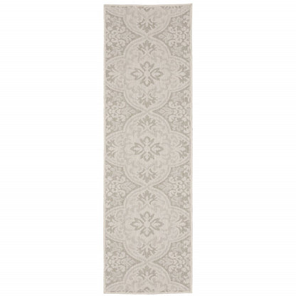 2' X 7' Gray and Ivory Floral Stain Resistant Indoor Outdoor Area Rug