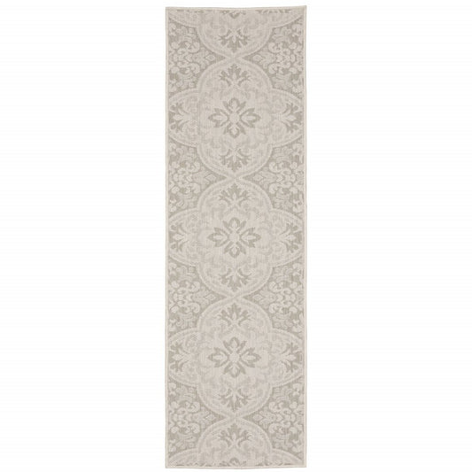 2' X 7' Gray and Ivory Floral Stain Resistant Indoor Outdoor Area Rug