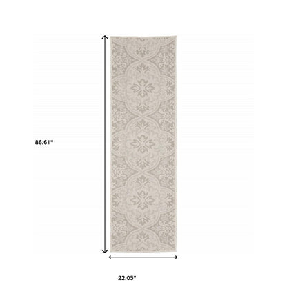 2' X 7' Gray and Ivory Floral Stain Resistant Indoor Outdoor Area Rug