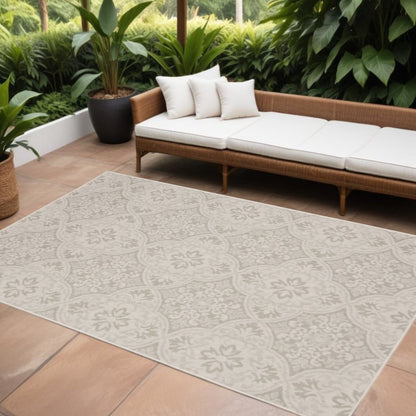 7' X 9' Gray and Ivory Floral Stain Resistant Indoor Outdoor Area Rug