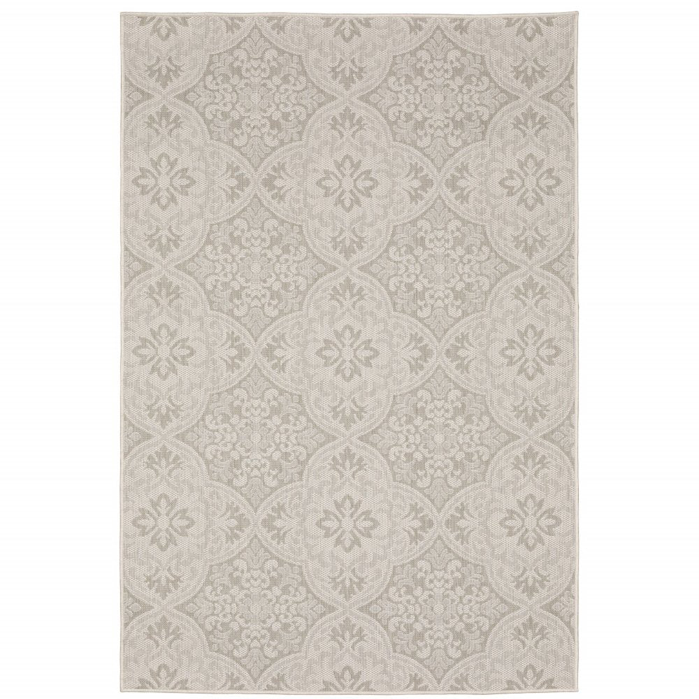 7' X 9' Gray and Ivory Floral Stain Resistant Indoor Outdoor Area Rug