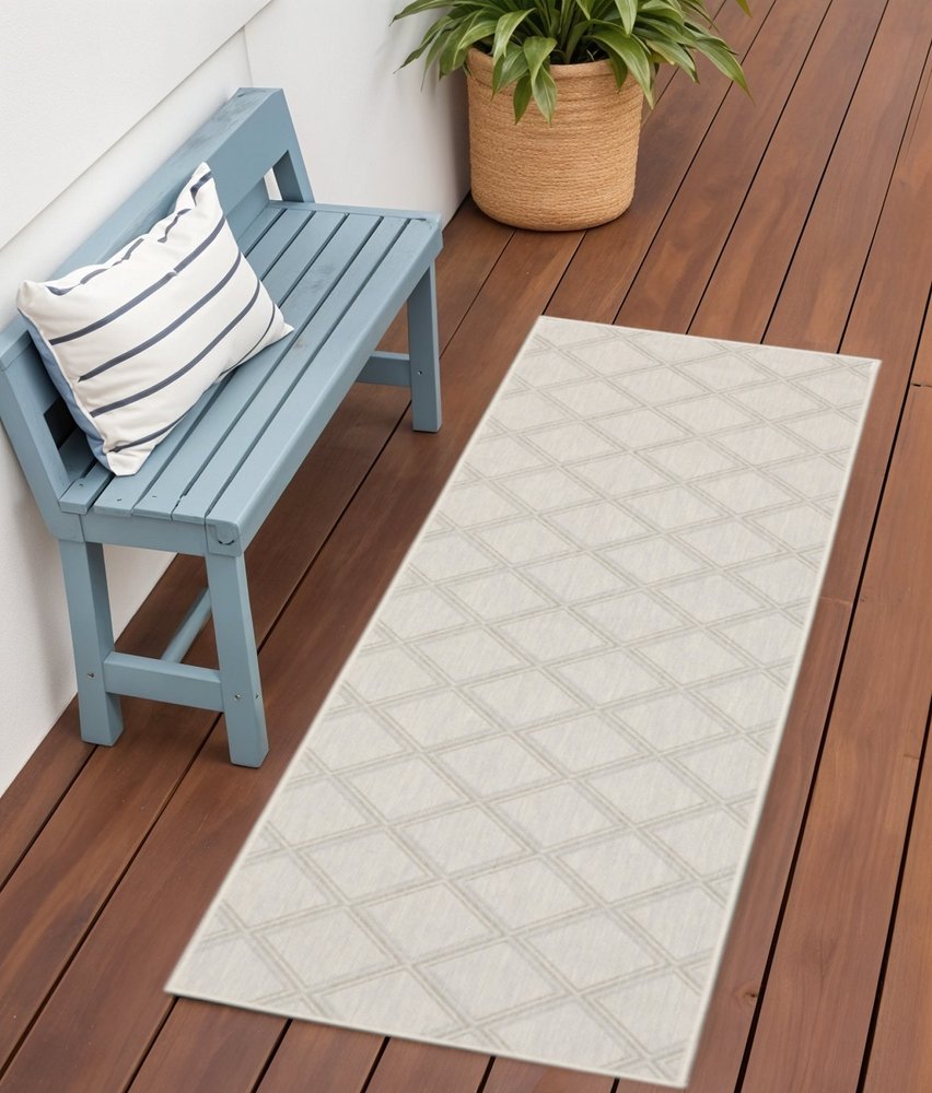 2' X 7' Gray and Ivory Geometric Stain Resistant Indoor Outdoor Area Rug