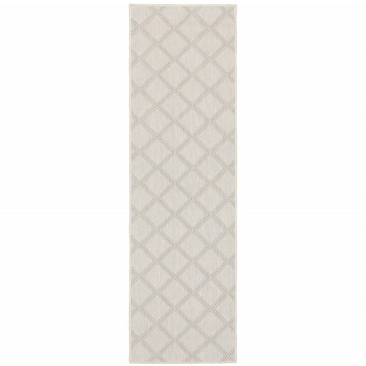 2' X 7' Gray and Ivory Geometric Stain Resistant Indoor Outdoor Area Rug