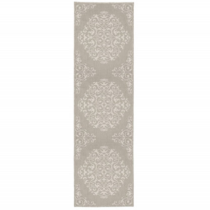 2' X 7' Gray and Ivory Oriental Stain Resistant Indoor Outdoor Area Rug