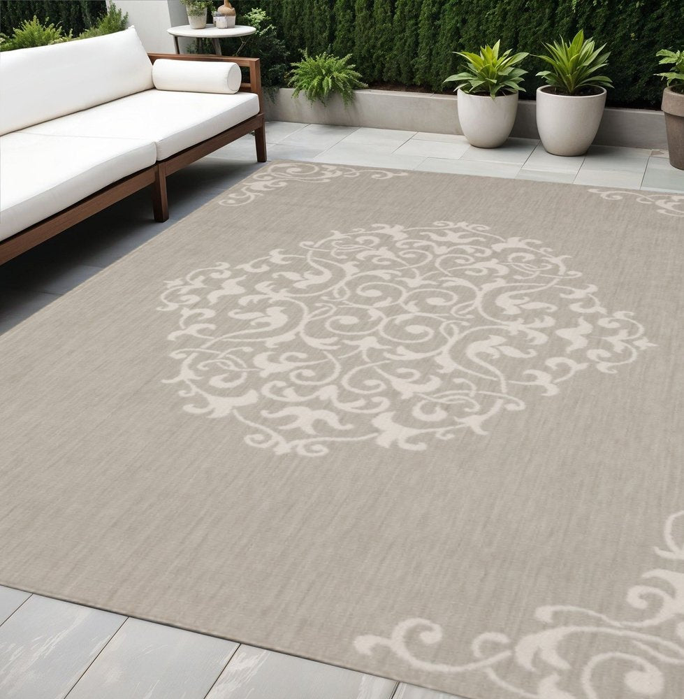 5' X 7' Gray and Ivory Oriental Stain Resistant Indoor Outdoor Area Rug