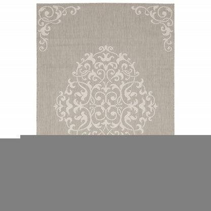 5' X 7' Gray and Ivory Oriental Stain Resistant Indoor Outdoor Area Rug