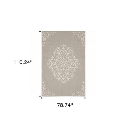 7' X 9' Gray and Ivory Oriental Stain Resistant Indoor Outdoor Area Rug