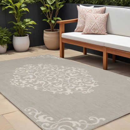 7' X 9' Gray and Ivory Oriental Stain Resistant Indoor Outdoor Area Rug