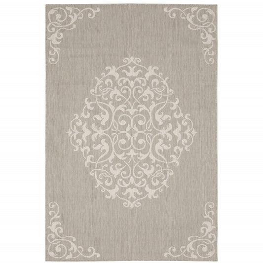 7' X 9' Gray and Ivory Oriental Stain Resistant Indoor Outdoor Area Rug