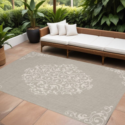 8' X 10' Gray and Ivory Oriental Stain Resistant Indoor Outdoor Area Rug