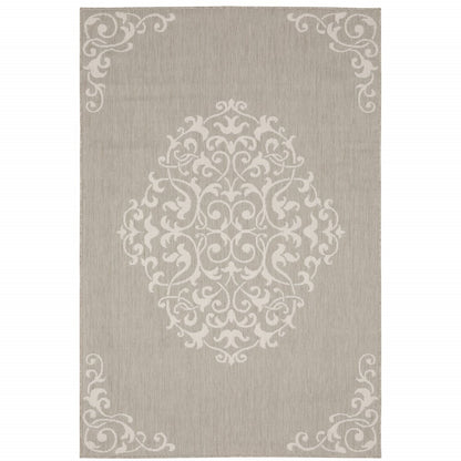 10' X 13' Gray and Ivory Oriental Stain Resistant Indoor Outdoor Area Rug