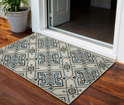 2' X 4' Blue and Beige Oriental Stain Resistant Indoor Outdoor Area Rug