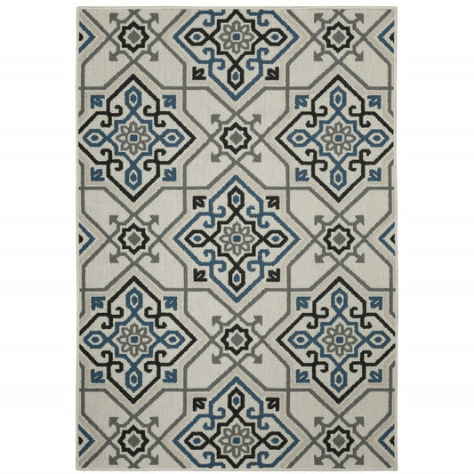 2' X 4' Blue and Beige Oriental Stain Resistant Indoor Outdoor Area Rug