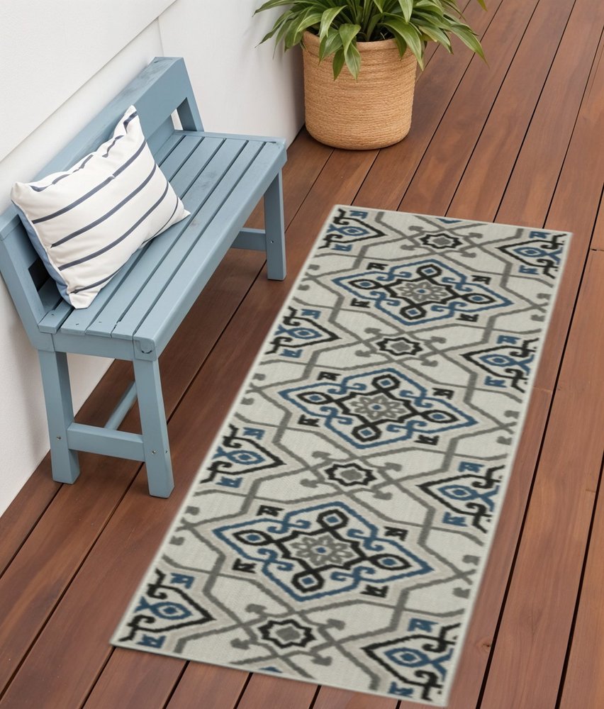 2' X 7' Blue and Beige Oriental Stain Resistant Indoor Outdoor Area Rug