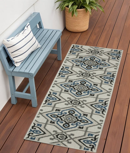 2' X 7' Blue and Beige Oriental Stain Resistant Indoor Outdoor Area Rug