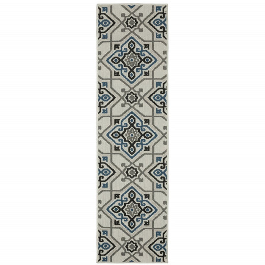 2' X 7' Blue and Beige Oriental Stain Resistant Indoor Outdoor Area Rug