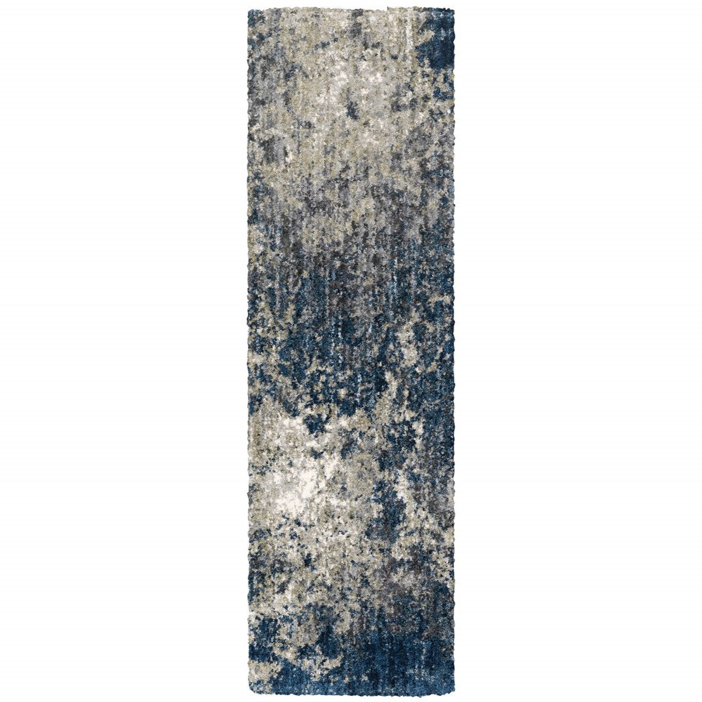 8' Blue And Gray Abstract Shag Runner Rug