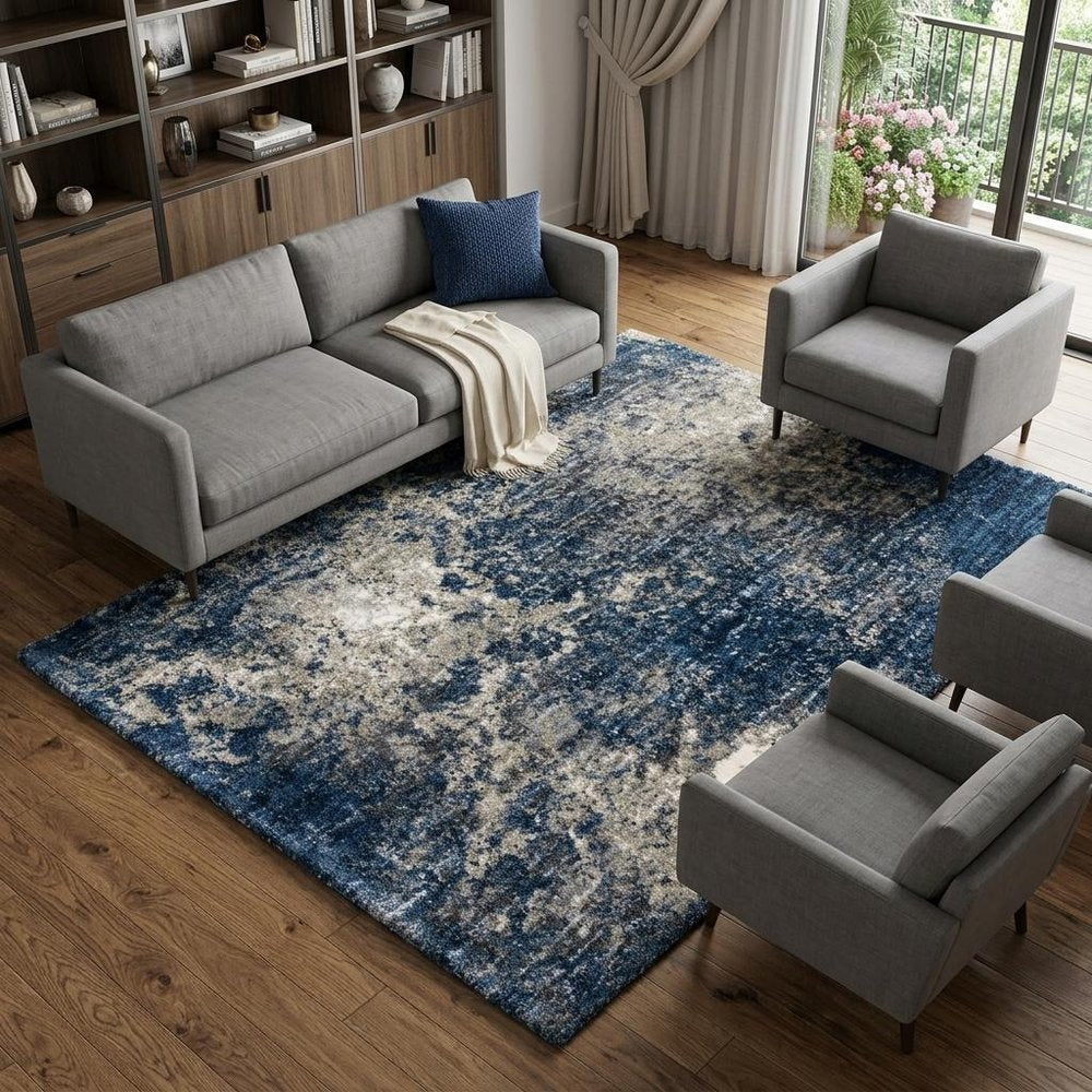 7' X 10' Blue And Gray Abstract Shag Area Rug
