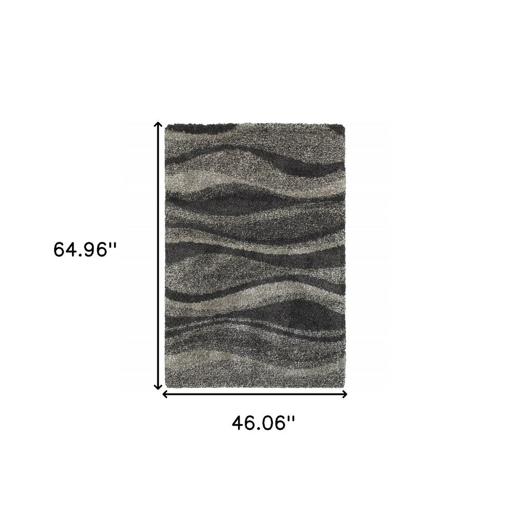 4' X 6' Charcoal Silver And Grey Abstract Shag Power Loom Stain Resistant Area Rug
