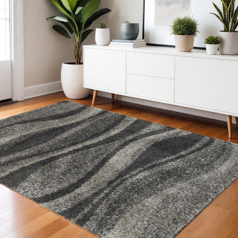 4' X 6' Charcoal Silver And Grey Abstract Shag Power Loom Stain Resistant Area Rug