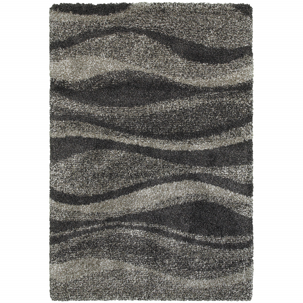 8' X 11' Charcoal Silver And Grey Abstract Shag Power Loom Stain Resistant Area Rug