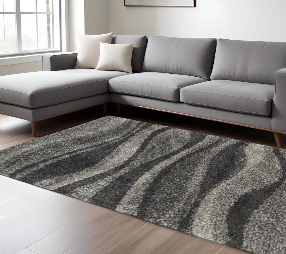 8' X 11' Charcoal Silver And Grey Abstract Shag Power Loom Stain Resistant Area Rug