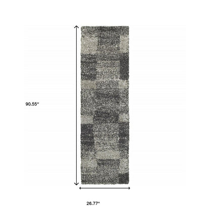 2' X 8' Charcoal Silver And Grey Geometric Shag Power Loom Stain Resistant Runner Rug