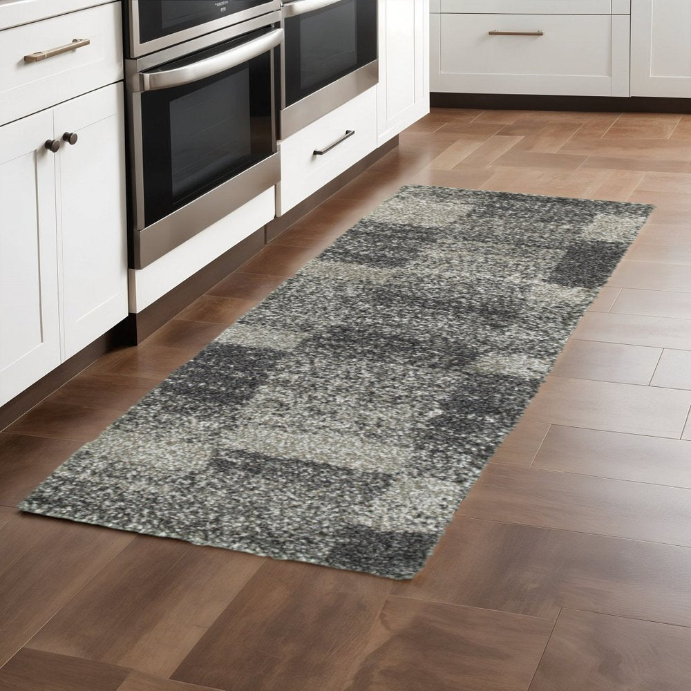 2' X 8' Charcoal Silver And Grey Geometric Shag Power Loom Stain Resistant Runner Rug