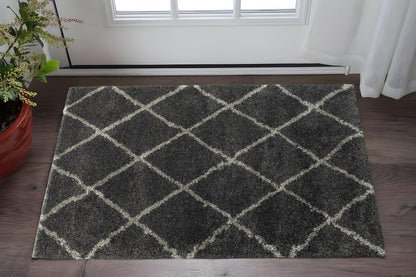 2' X 3' Charcoal And Grey Geometric Shag Power Loom Stain Resistant Area Rug