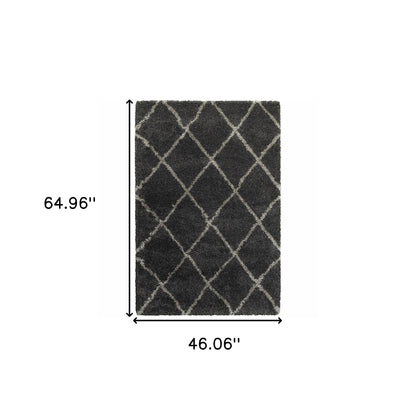 4' X 6' Charcoal And Grey Geometric Shag Power Loom Stain Resistant Area Rug