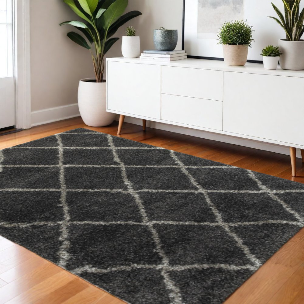 4' X 6' Charcoal And Grey Geometric Shag Power Loom Stain Resistant Area Rug