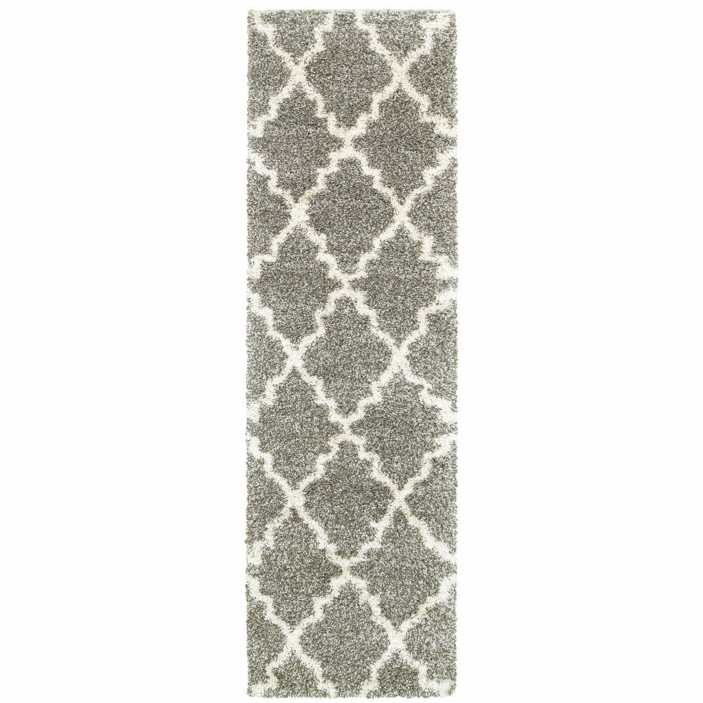 2' X 8' Grey And Ivory Geometric Shag Power Loom Stain Resistant Runner Rug