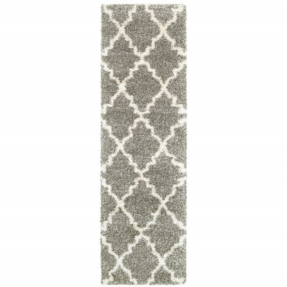 2' X 8' Grey And Ivory Geometric Shag Power Loom Stain Resistant Runner Rug