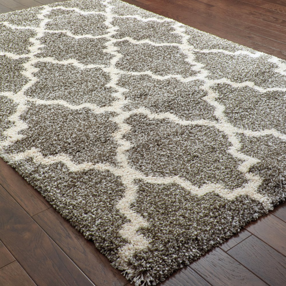 5' X 8' Grey And Ivory Geometric Shag Power Loom Stain Resistant Area Rug