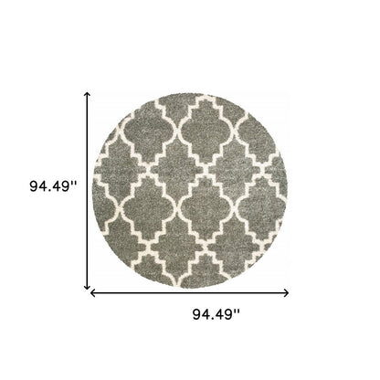 8' Grey Round Geometric Power Loom Stain Resistant Area Rug