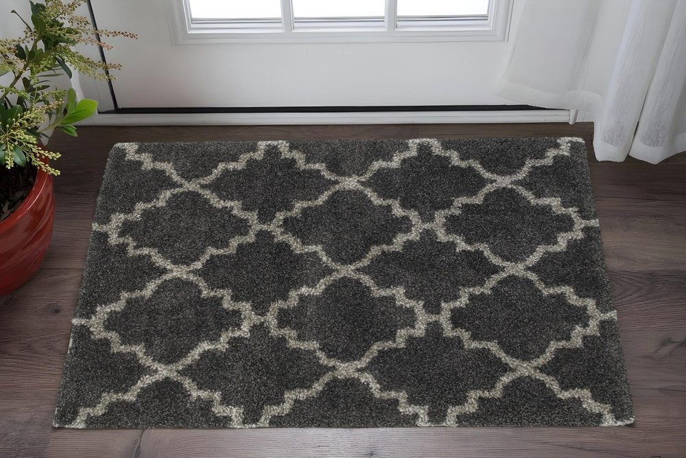 2' X 3' Charcoal And Grey Geometric Shag Power Loom Stain Resistant Area Rug