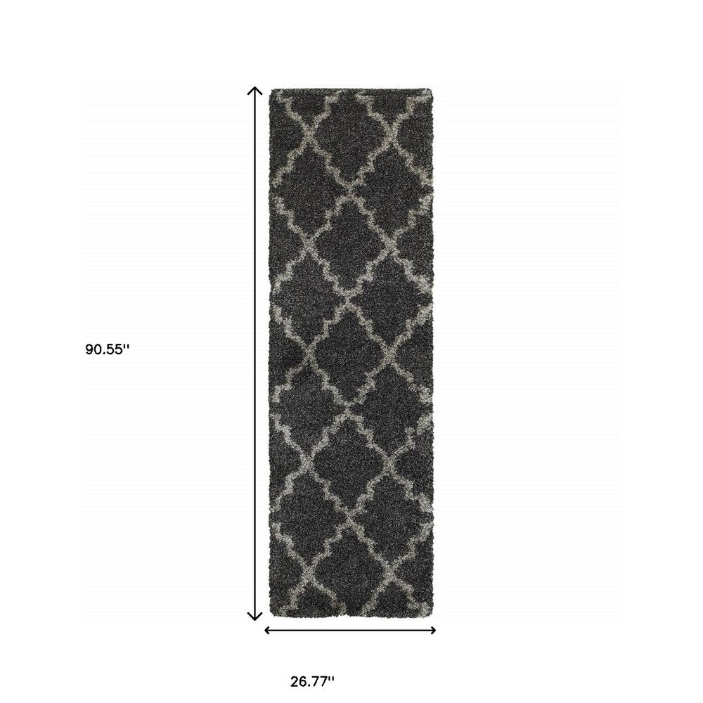 2' X 8' Charcoal And Grey Geometric Shag Power Loom Stain Resistant Runner Rug