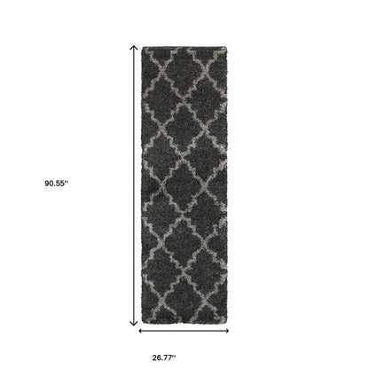 2' X 8' Charcoal And Grey Geometric Shag Power Loom Stain Resistant Runner Rug