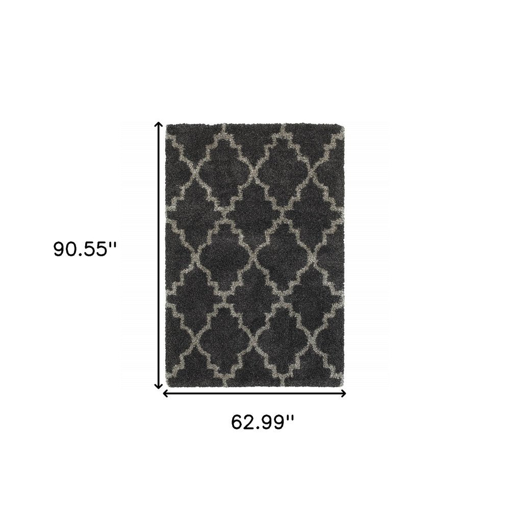 5' X 8' Charcoal And Grey Geometric Shag Power Loom Stain Resistant Area Rug