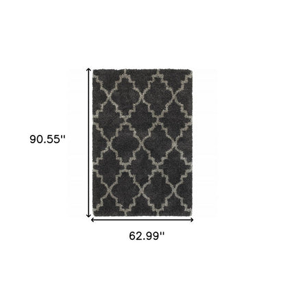 5' X 8' Charcoal And Grey Geometric Shag Power Loom Stain Resistant Area Rug