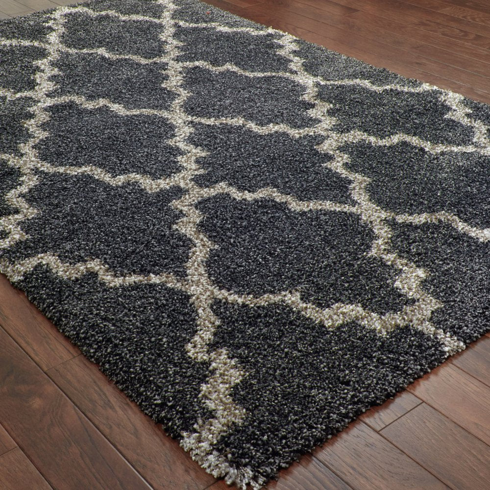 8' X 11' Charcoal And Grey Geometric Shag Power Loom Stain Resistant Area Rug