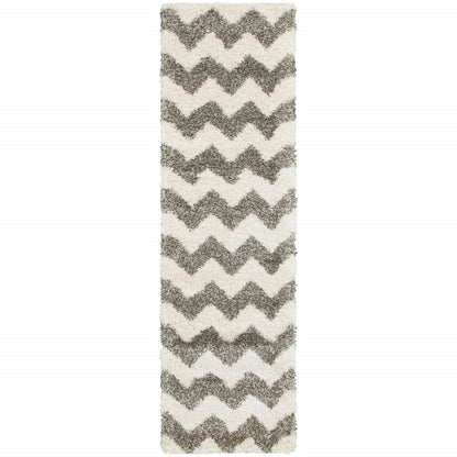 2' X 8' Grey And Ivory Geometric Shag Power Loom Stain Resistant Runner Rug