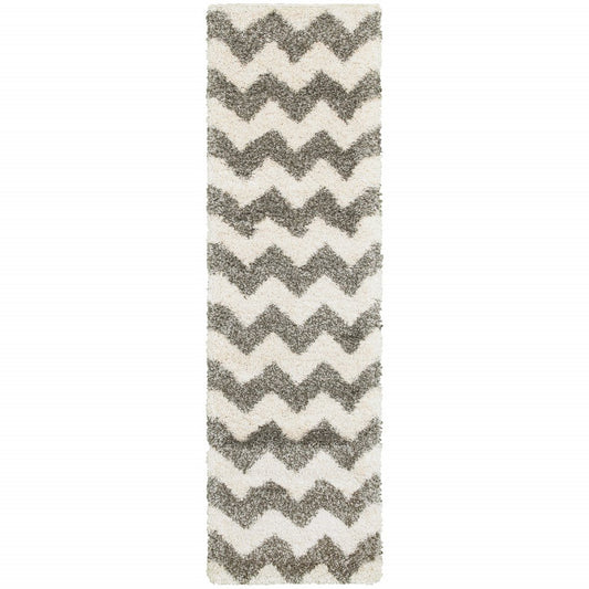 2' X 8' Grey And Ivory Geometric Shag Power Loom Stain Resistant Runner Rug
