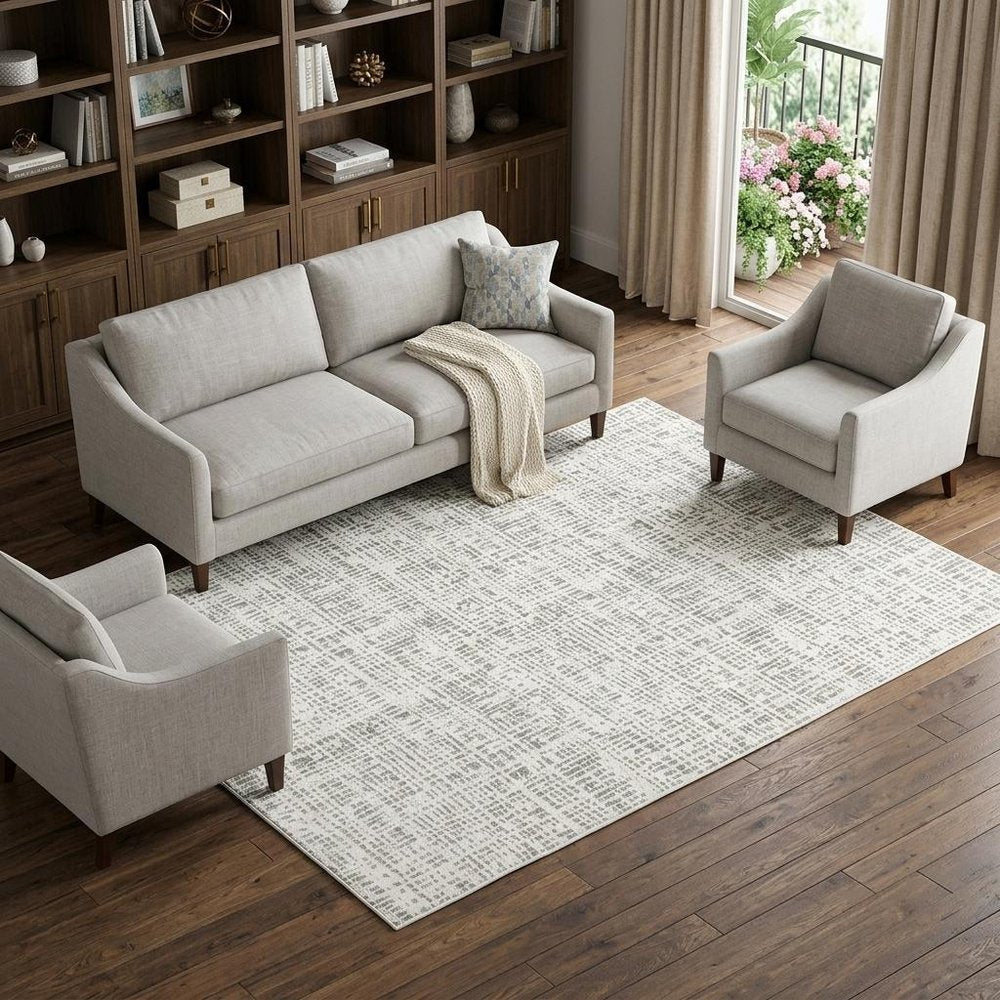 7' X 10' White And Gray Abstract Distressed Area Rug
