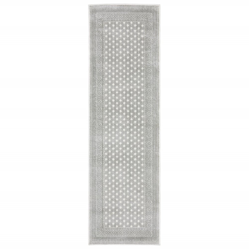 2' X 8' White And Grey Oriental Power Loom Stain Resistant Runner Rug