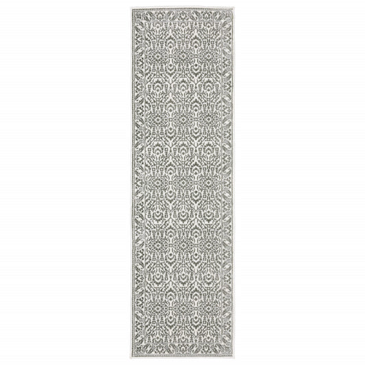 2' X 8' Grey And White Floral Power Loom Stain Resistant Runner Rug