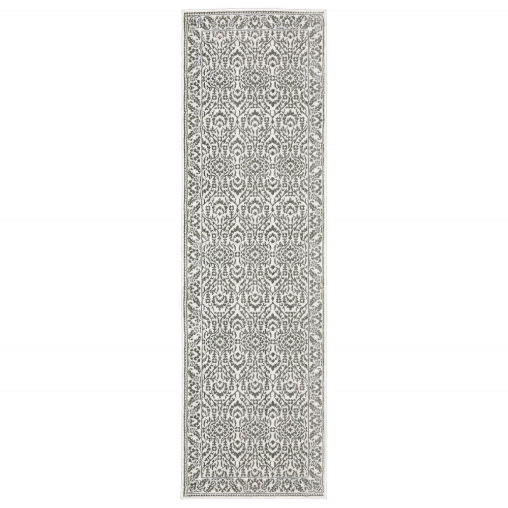 2' X 8' Grey And White Floral Power Loom Stain Resistant Runner Rug