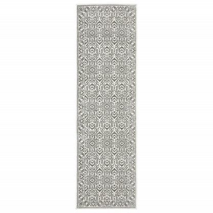 2' X 8' Grey And White Floral Power Loom Stain Resistant Runner Rug