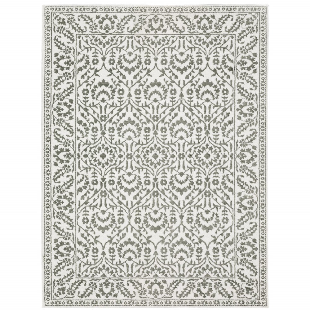 3' X 5' Grey And White Floral Power Loom Stain Resistant Area Rug